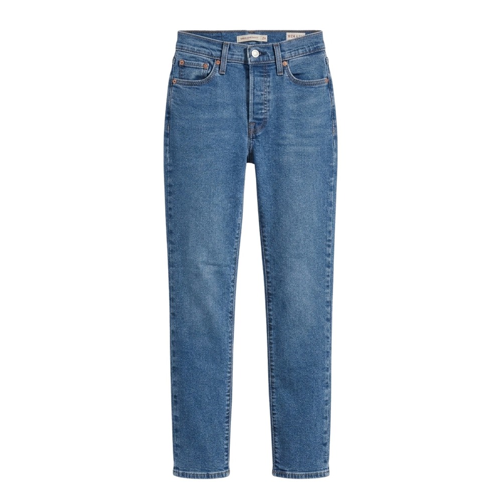 Levi's Wedgie Straight High Rise Jeans Medium Wash Blue Size 24 Ankle Button Fly - Picture 1 of 13